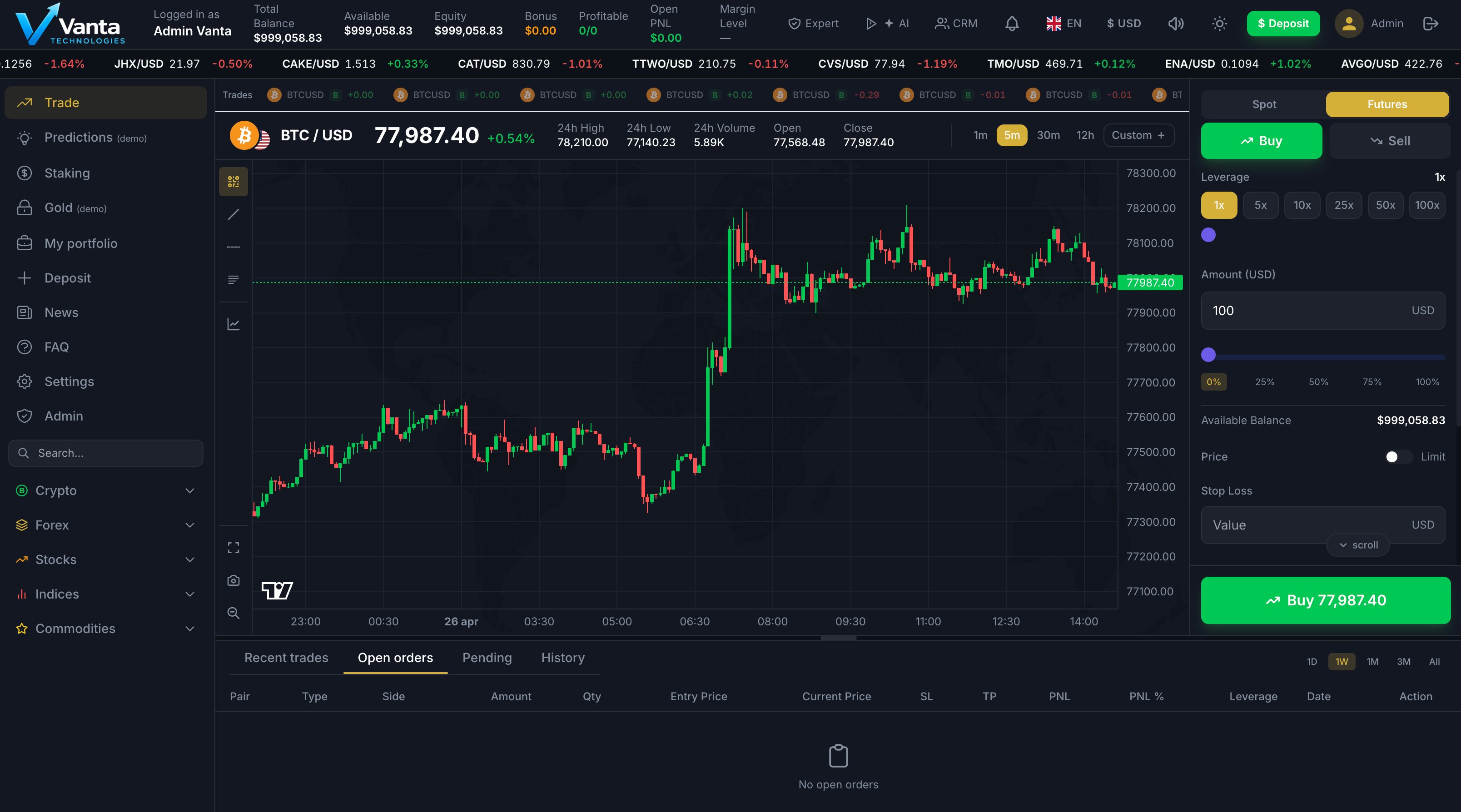 Vanta trading platform interface