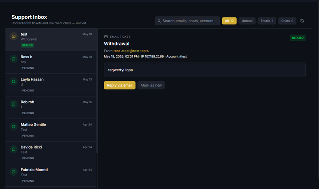 Vanta unified support center — live chat and email tickets in one CRM inbox