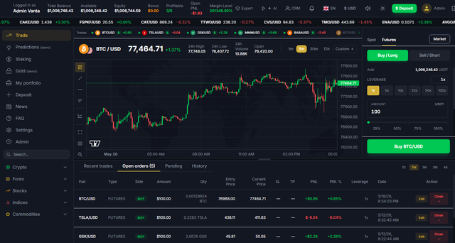 Vanta trading platform — candlestick chart and order panel